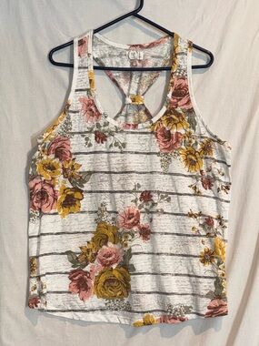 Maurices White Floral Striped Tank Top - Pink & Mustard